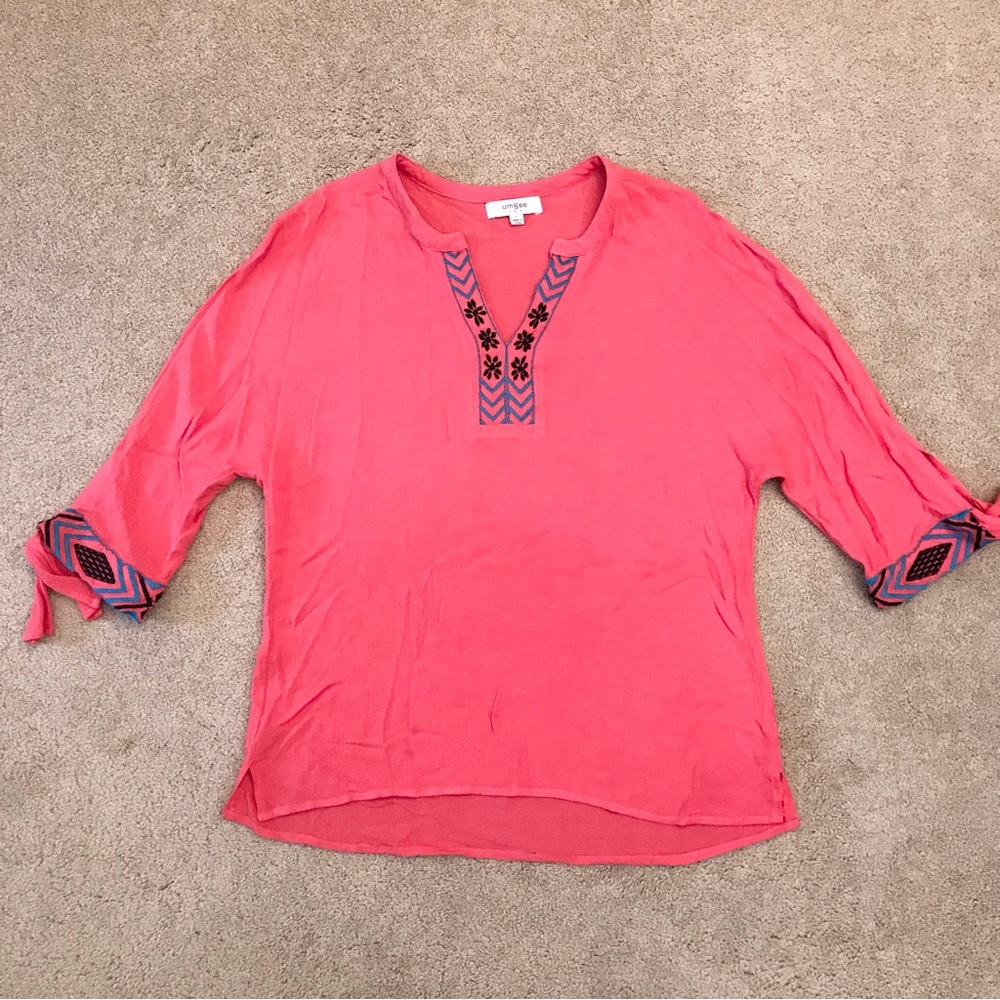 Umgee Embroidered Blouse Size Large Dark Mauve Pink V Neck Boho Lightweight Top